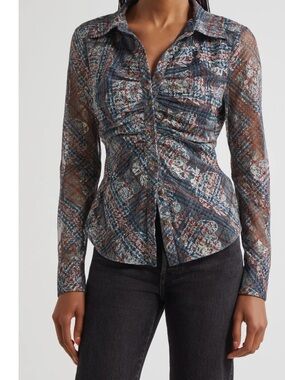 Ramy Brook Blue Multi Ruched Sheer Button-Down Shirt